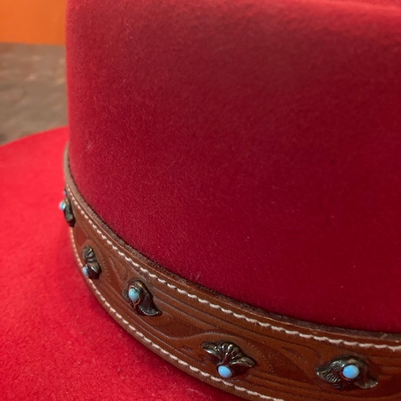 French made Red Felt Hat with leather headband w/ turquoise & silver finding’s main image 6